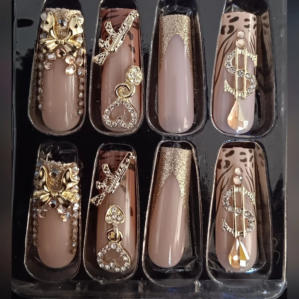 Women's Gold and Brown Animal Print Press-On Long Nails New - Picture 3 of 4